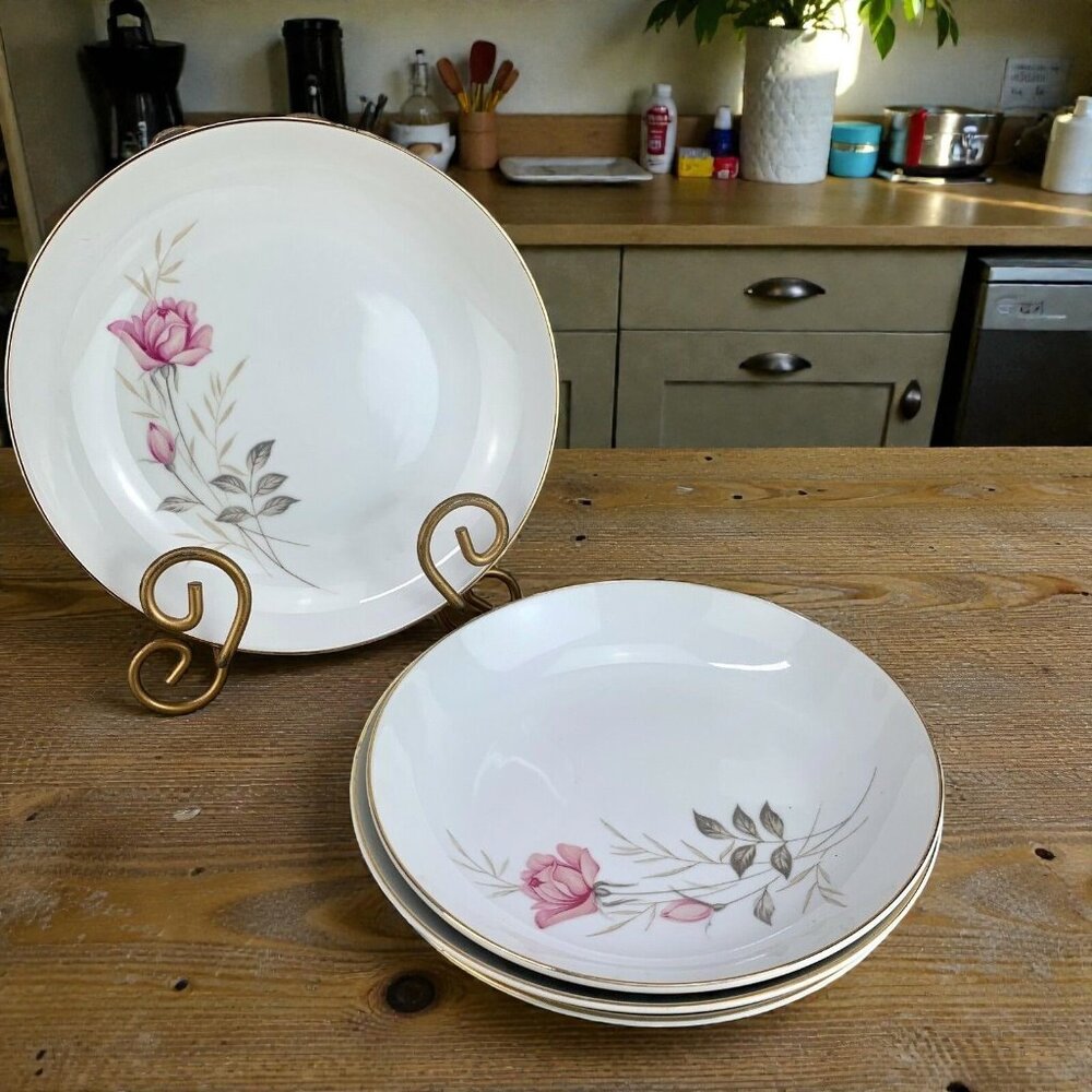Camelot AMERICAN ROSE Pink Floral Gray Leaves China Coup Soup Pasta Bowls Set 4